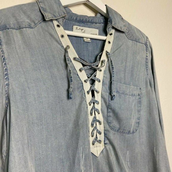 Vintage Havana Distressed Lace Up Yoke Chambray Shirt - Picture 2 of 8